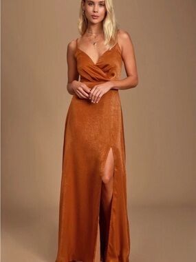 Satin Slip Maxi Dress in Rust orange with Side Slit